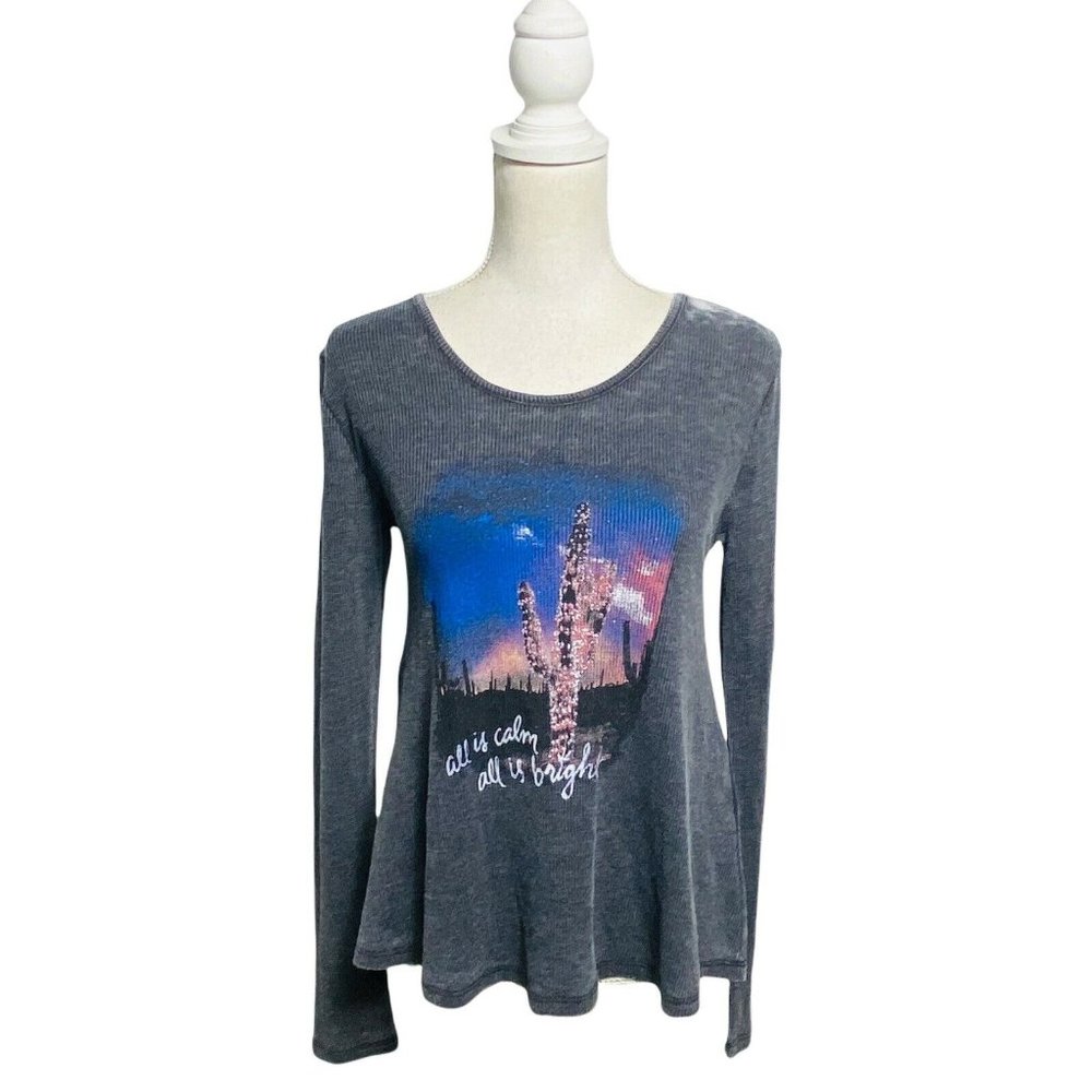Altard State Women Small Gray Burn out Long Sleeve Waffle Knit Thermal Top